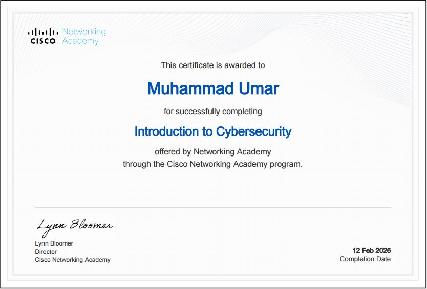 Cisco Introduction to Cybersecurity Certificate